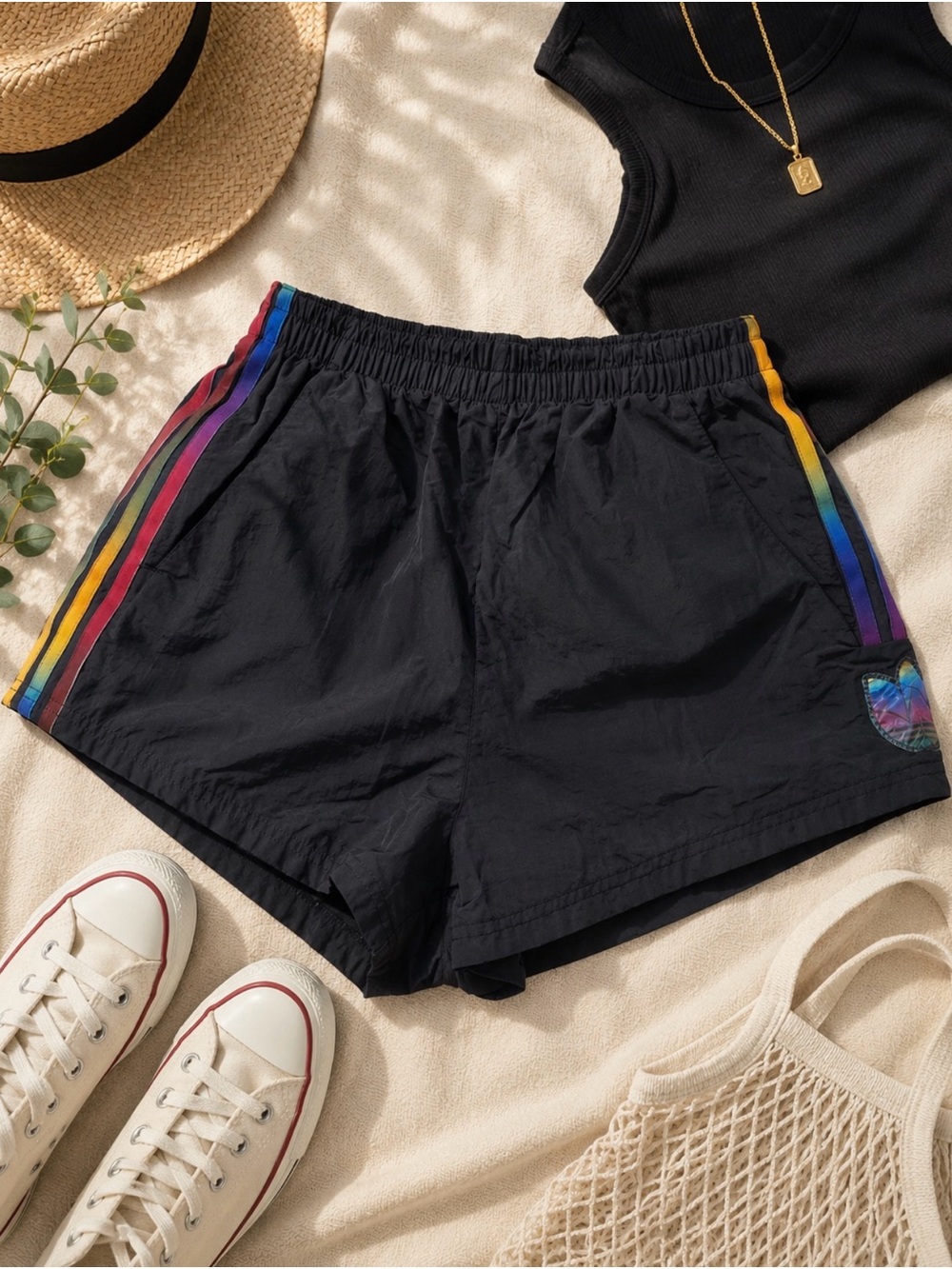 adidas Black Athletic Shorts with Rainbow Side Stripes